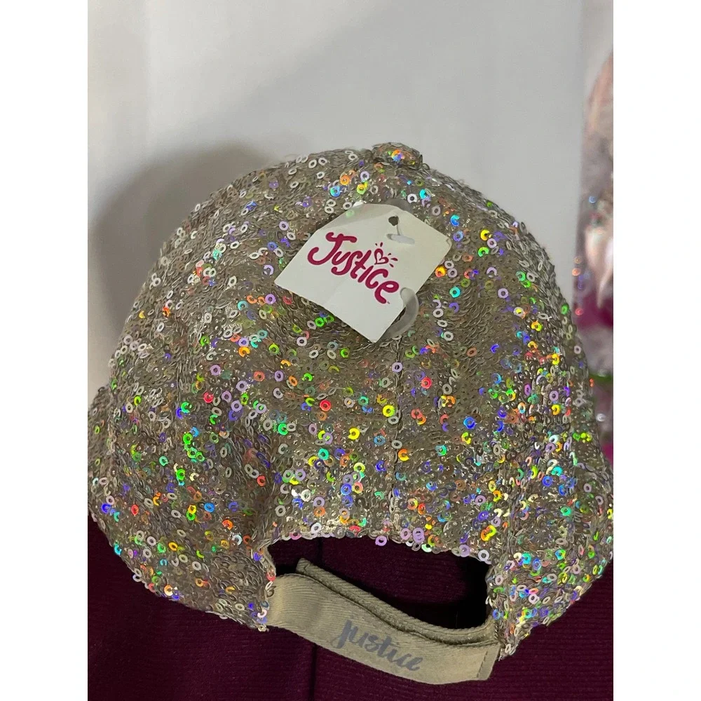 Justice Baseball Cap Kids One Size Tan Good Iridescent Sequin Adjustable Hat